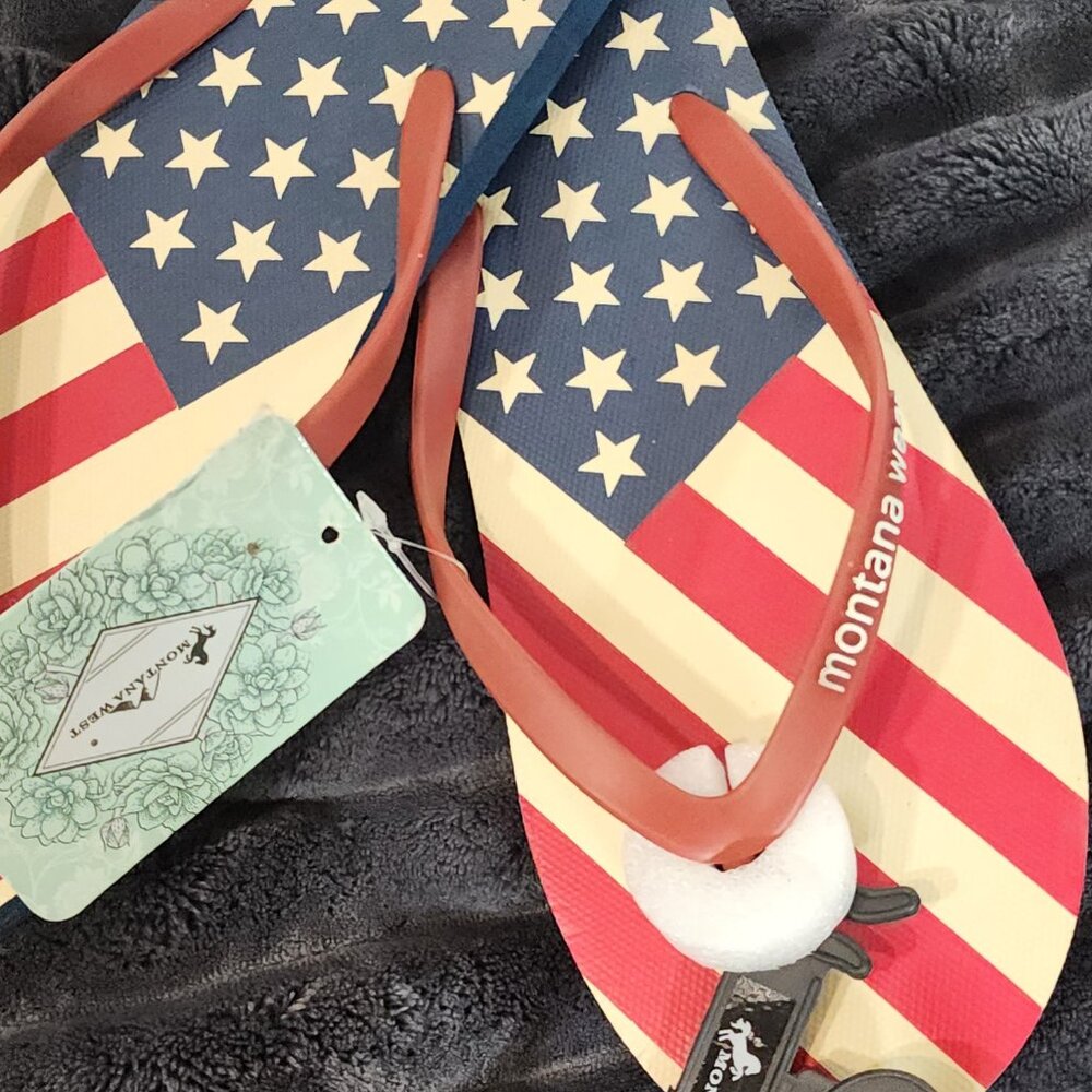 Montana West Red White and Blue Stars and Stripes Womens Flip Flops Size L 9/10 - Picture 2 of 16